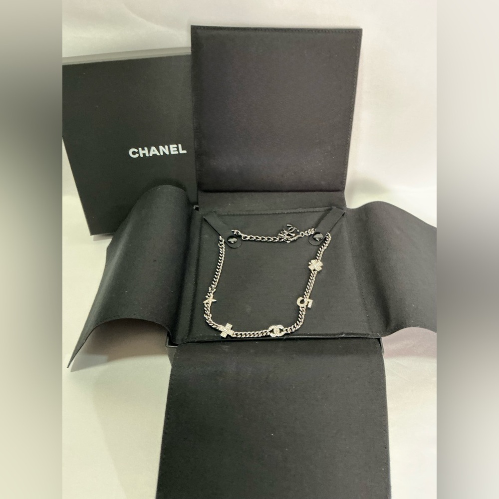 Authentic Ruthenium Chanel CC Lucky Symbols Chocker Necklace Silver Charms - Picture 9 of 10